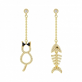 Crystal Cat & Fish Bone Earrings PWB517