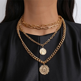 Coin and Portrait Multilayer Necklace PW978