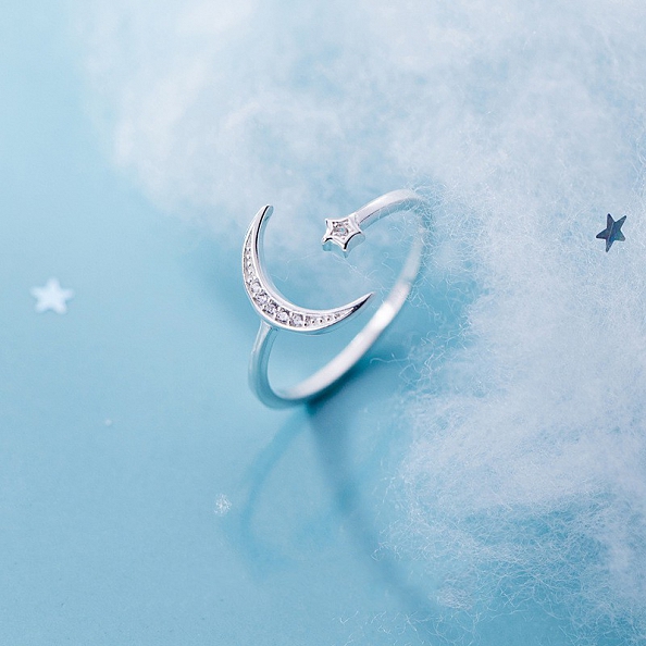 Moon & Star Sterling Silver Ring PWB284