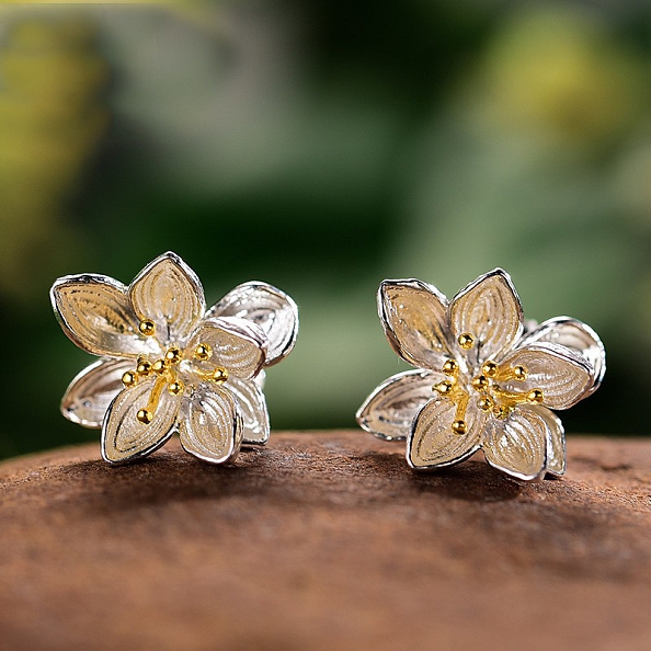 Sterling Silver Lotus Flower Stud Earrings PWB454