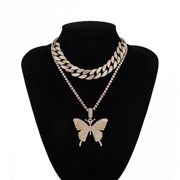 2Pcs Sparking Crystal Pave Butterfly Pendant Necklace PW936