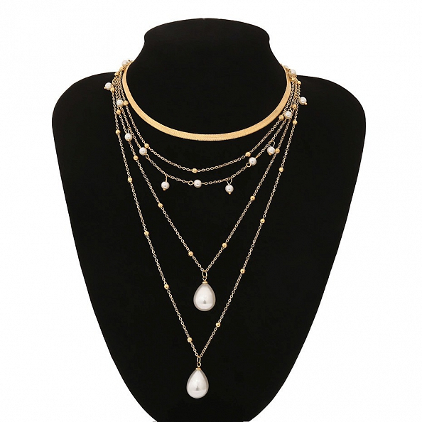 Water Drop Pearl Pendant Gold Multi Layered Necklace PW988