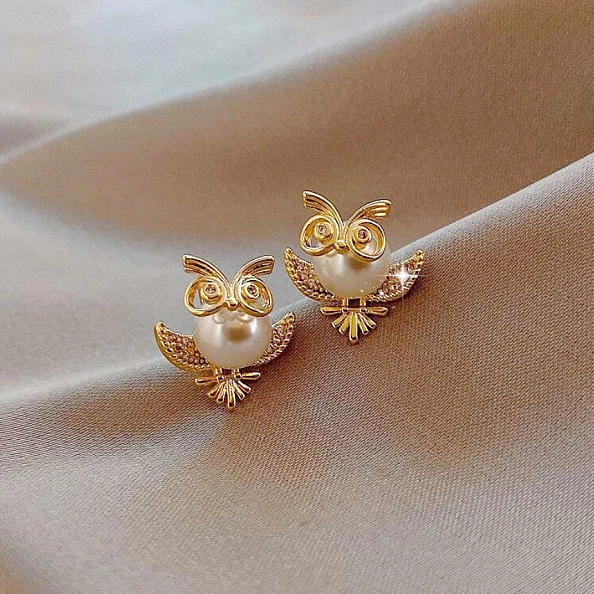 Gold Plated Owl Pearl Earrings PWB496